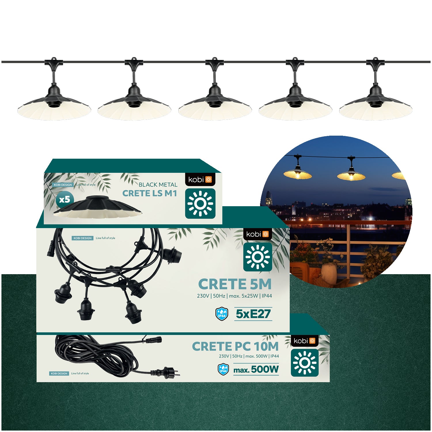 SET CRETE Garland 5m + cable 10m + 5x lampshade M1