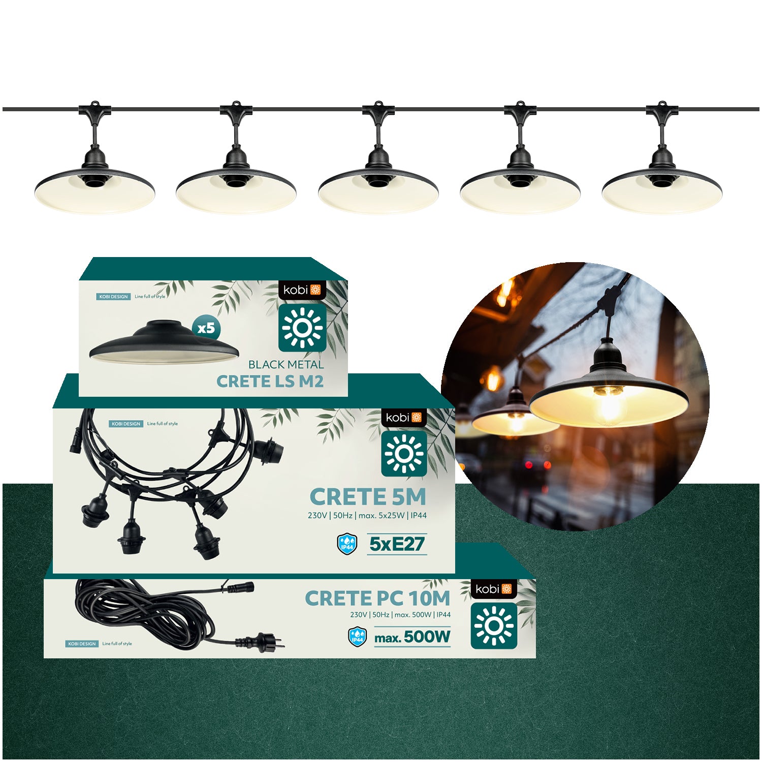 SET CRETE Garland 5m + cable 10m + 5x lampshade M2