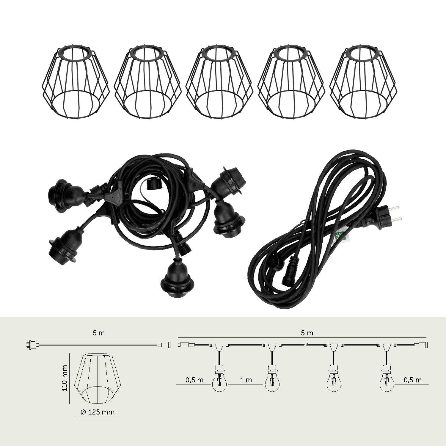 SET CRETE Garland 5m + cable 5m + 5x lampshade D1