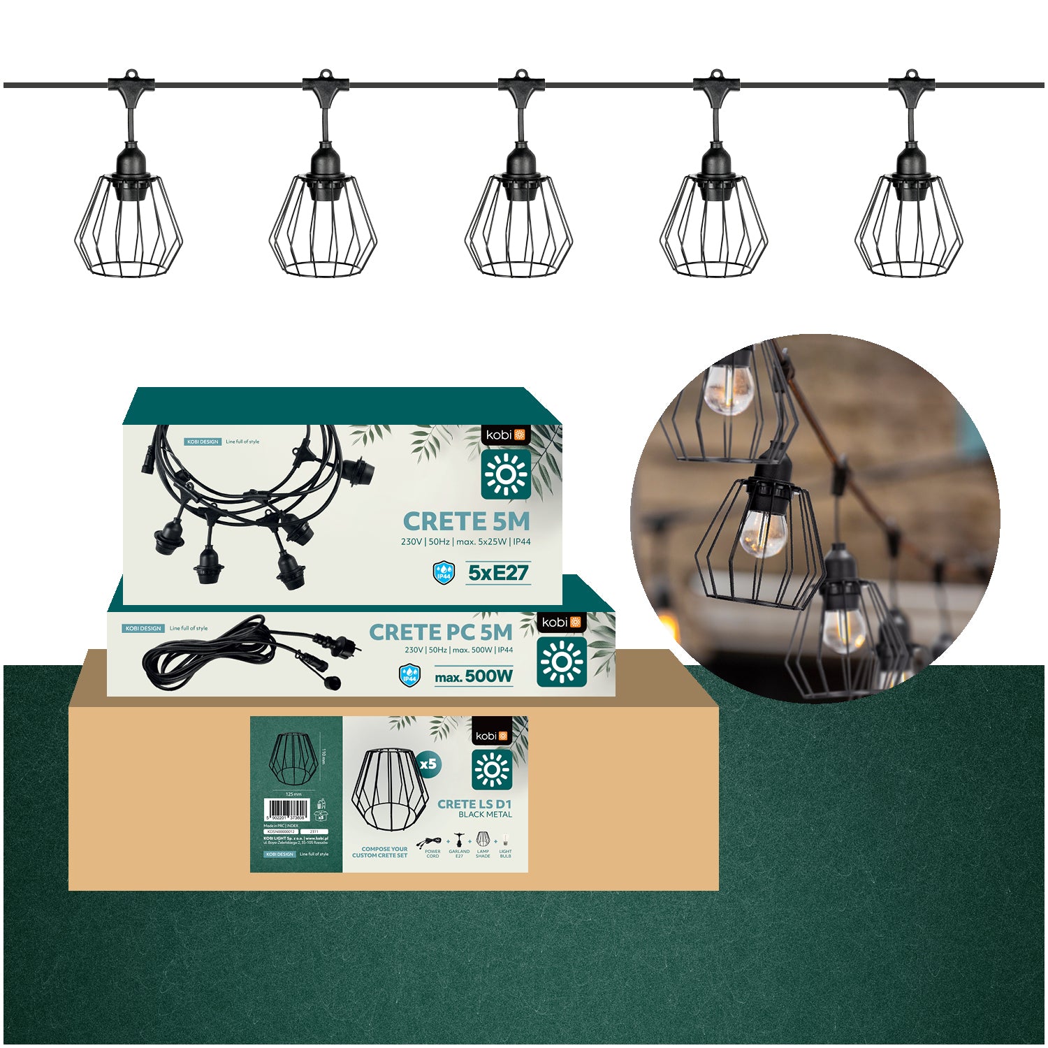 SET CRETE Garland 5m + cable 5m + 5x lampshade D1
