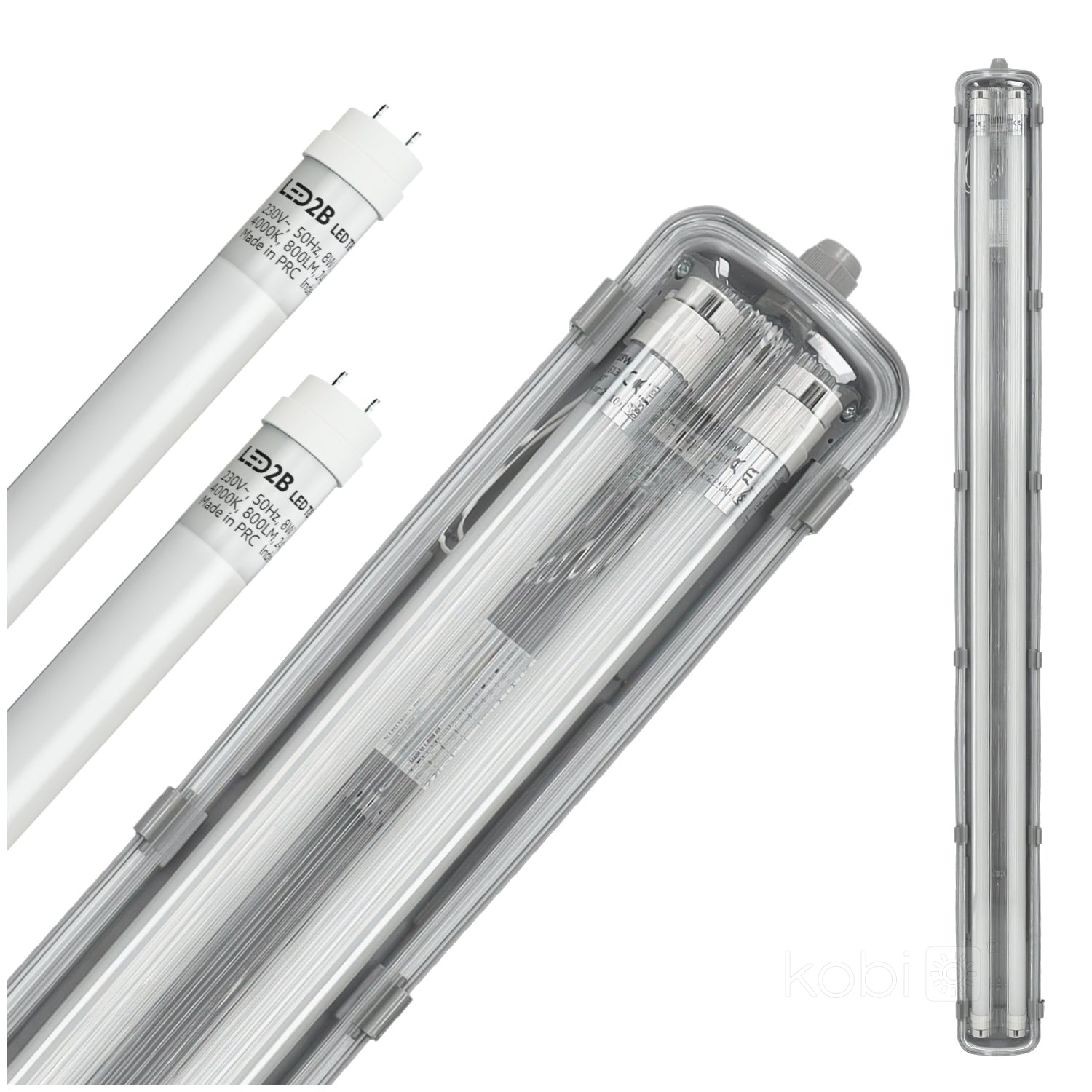 Set HERMETIC 2x120 + LED T8 18W 4000K IP65 Kobi
