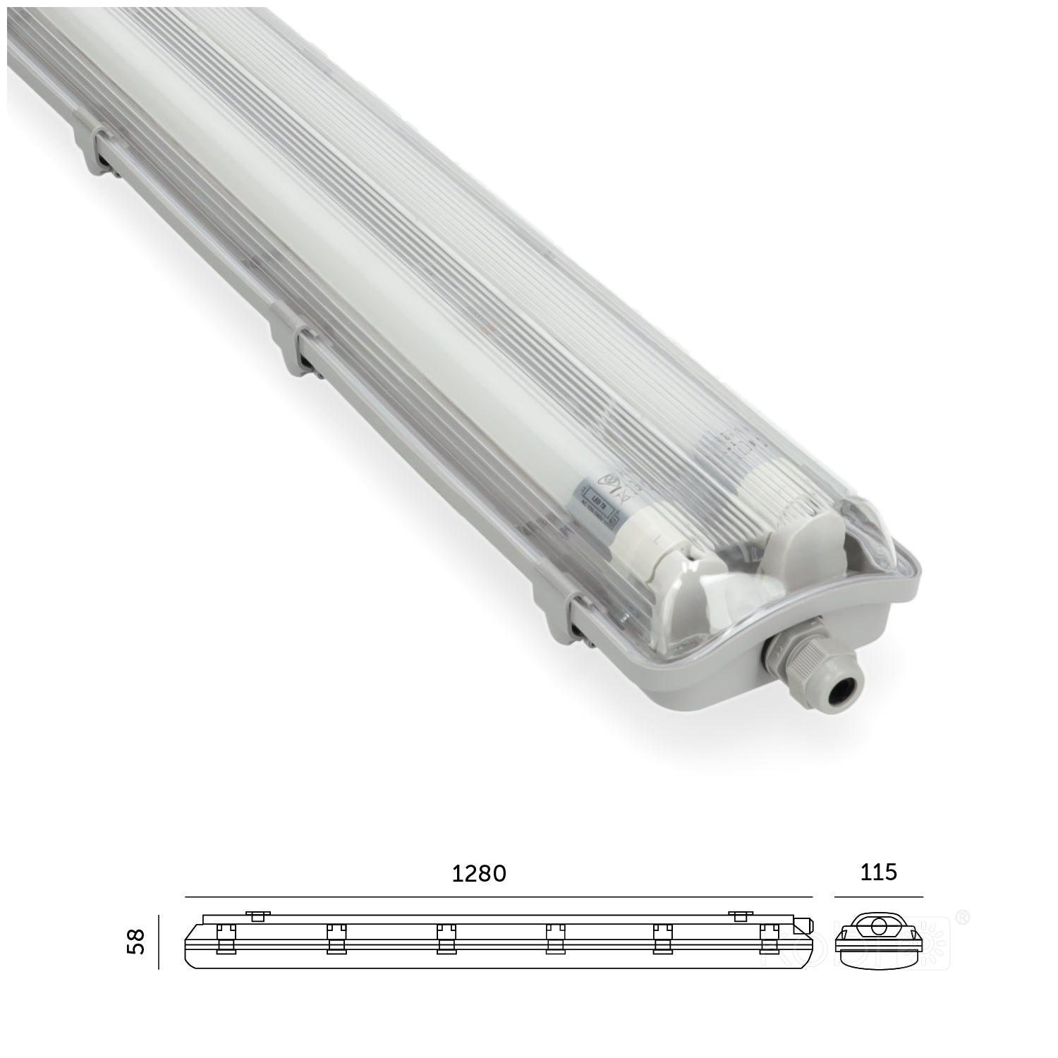 Set HERMETIC 2x120 + LED T8 18W 4000K IP65 Kobi