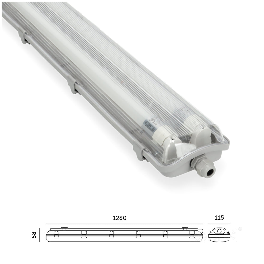 Set HERMETIC 2x120 + LED T8 18W 6500K IP65 Kobi